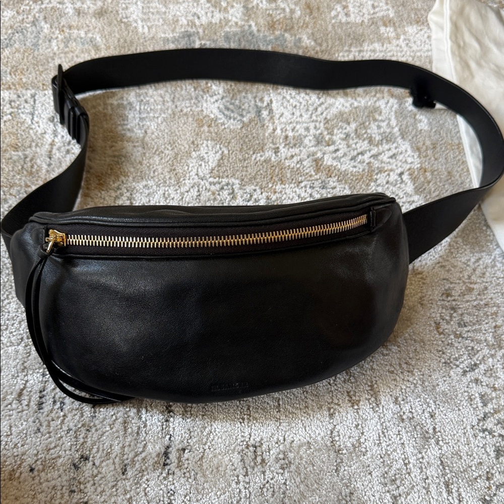 Jil Sander Black Leather Crossbody Belt Bag with Gold Hardware